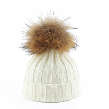 Big Fur Pom pom Beanie Hats Kids Girls Boys Warm Knitted Winter Hat Baby Real Raccoon Fur pompom Beanies Cap daiiibabyyy